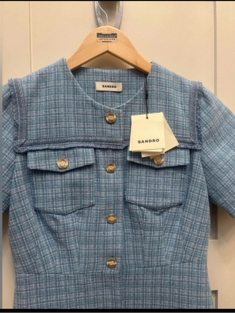 Sandro Blue Tweed Button-Front Short Sleeve Dress - Picture 2 of 4
